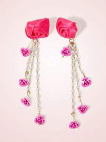 SHEIN MOD Satin Dimensional Faux Pearl Flower Tassel Dangle Earrings