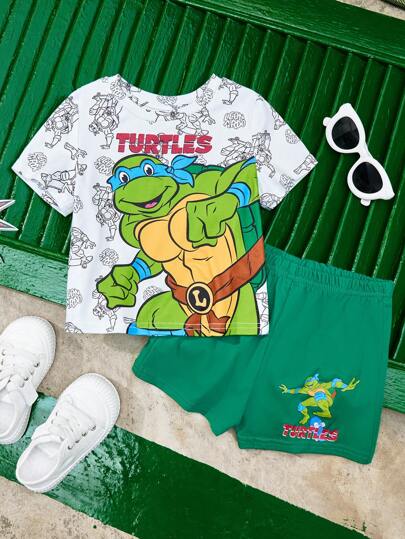 TEENAGE MUTANT NINJA TURTLES | SHEIN 2 Teile Baby Jungen Set aus Cartoon Schildkröte Muster Strick Rundhals T-Shirt und kontrastfarbenen Shorts