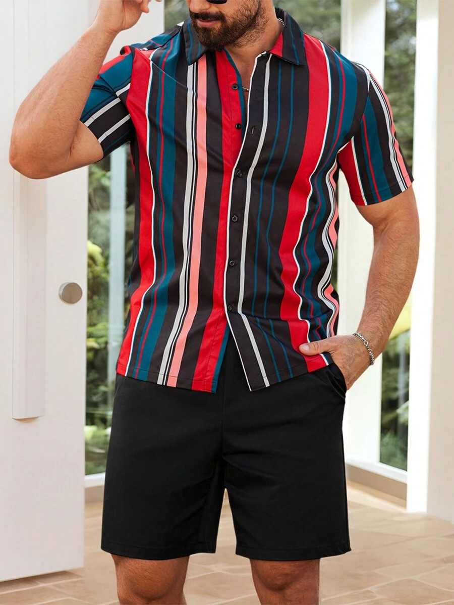 Manfinity Homme Męski, zapinany z przodu na guziki, krótki rękaw, swobodny top i spodenki, 2 częściowy strój, koszula świąteczna na wyjście - Wielokolorowe - Zobacz 1
