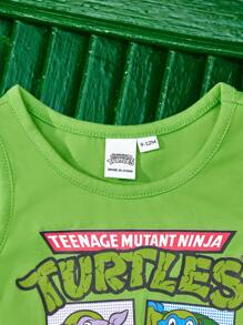 TEENAGE MUTANT NINJA TURTLES | SHEIN Conjunto de 2 piezas para bebé niño: Musculosa deportiva verde con diseño de tortuga y letras, y pantalón corto. Conjunto casual y de moda apto para todas las estaciones - Verde - Ver 4