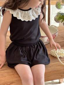 DAZY 2pcs/Set Young Girl Simple & Chic Casual Daily Sleeveless Top And Skirt Set,Girls Summer Outfits - Black - View 7