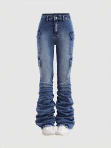 SHEIN Jeans acampanados con lavado de piedra, pliegues y bolsillo con solapa, jeans apilados con bolsillos cargo, Y2K para niñas preadolescentes
