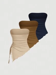 SHEIN MOD 多件装不对称系带侧腰褶皱抹胸上衣 - 藏蓝色 - 查看 2