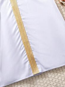 SHEIN Young Girl Ramadan Traditional Robe Loose Geometric Retro Print Patchwork Gold Ribbon V-Neck Long Sleeve Dress, Suitable For Party, Wedding, Banquet, Vacation, Summer - Blue - View 4