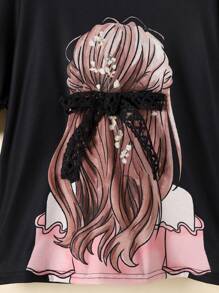 SHEIN Tween Girl Drop Shoulder Splice Floral Ruffle Graphic Short Sleeve Casual T-Shirt - Black - View 3