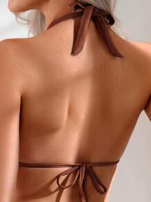 SHEIN Swim 女士 2 件套泳衣套装，性感优雅复古吊带露背系带前开襟纯色金属外壳装饰泳衣适合夏季海滩度假 - 咖啡棕 - 查看 5