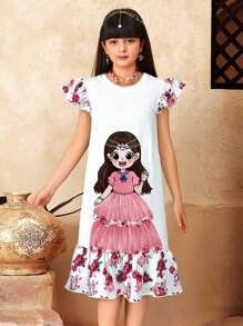 SHEIN Leap Crew 青少年女孩可爱卡通女孩花卉印花圆领盖袖宽松针织睡袍，适合家居服和户外穿着，深玫瑰印花，斋月假期 - 粉色 - 查看 5