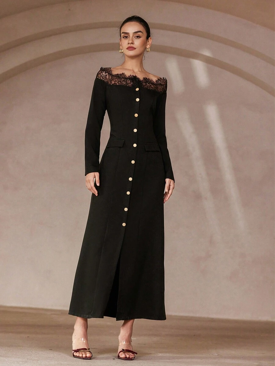 Aveloria Modichic 黑色对比色蕾丝露肩单排扣翻盖口袋优雅精致长袖连衣裙 - 黑色 - 查看 1