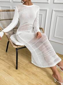 SHEIN Swim Spring Break Women White Crochet Hollow Round Neck Long Sleeve Beach Dress, Swimwear Cover Up, Festival Boho Outfit For Summer Beach Vacation - White - View 4