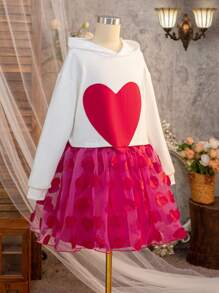 Tween Girls Heart Print Short Long Sleeve Sweatshirt And Puffy Heart Skirt Set, A Charming And Childrenswear Combination. It Is Suitable Not Only For Special Occasions But Also For Everyday Wear. Wearing This Set, Little Girls Can Showcase Their Sweetness And Cuteness, Becoming The Focus Of Attention.