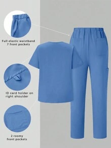 TaskEZ Conjunto de uniforme de verano sencillo con diseño de bolsillo en la Top y los pantalones, conjunto de ropa de enfermería - Celeste - Ver 2