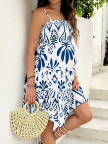 SHEIN 孕妇性感印花吊带裙 - 藍色 - 查看 4