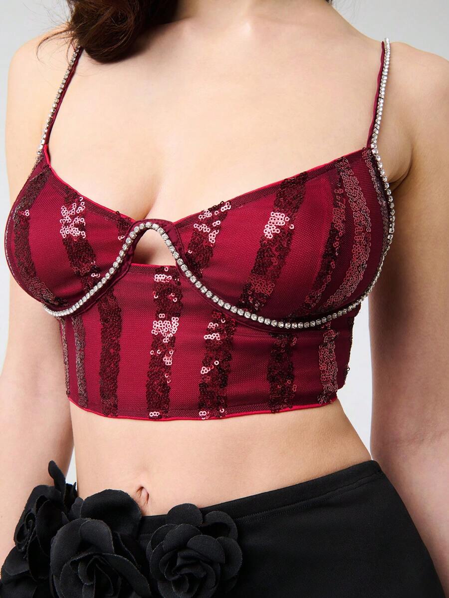 SHEIN Unity Valentine Sequin Wired Cup Cami Cropped Corset Top With Rhinestone Trim Detail - Burgundy - View 1