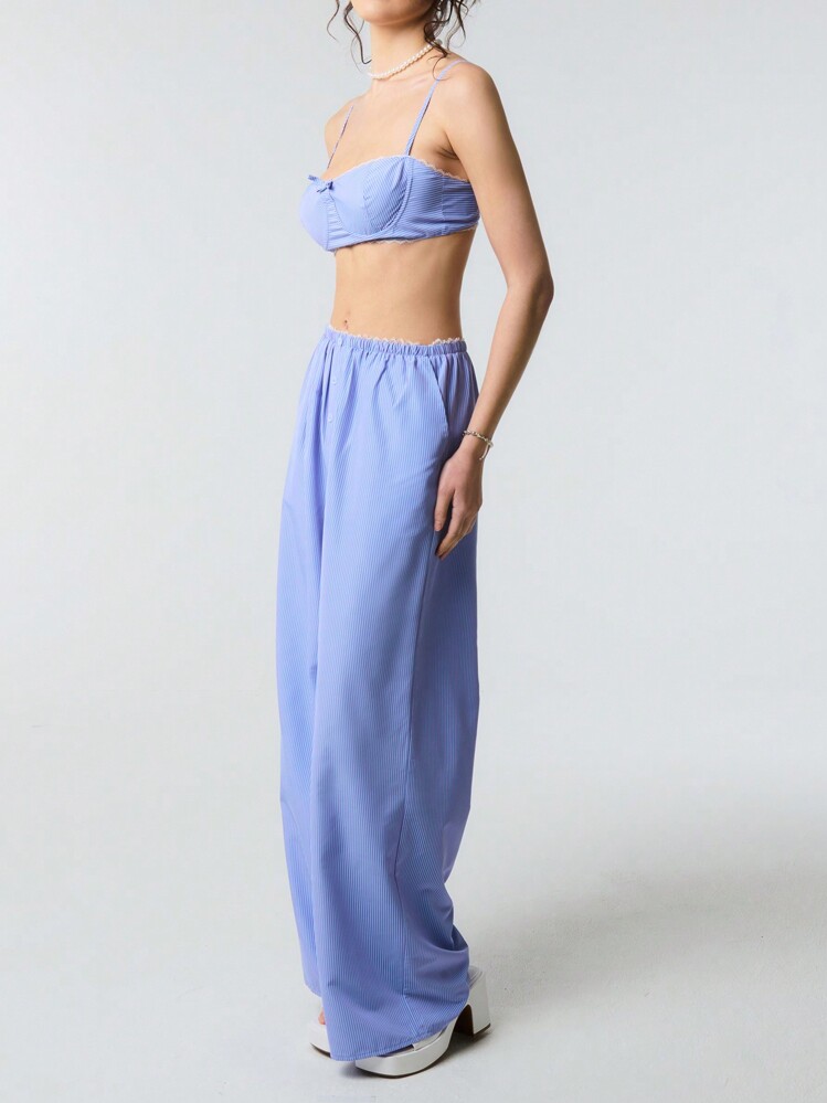 TypaGal Spring-Summer Classy Stripey Lace Trim Bralette With Bow Detail For Beach Vacation,Valentine's Day - Blue - View 6