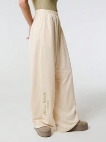 SHEIN Unity New York Logo Print Solid Wide Leg Casual Sweatpants With Pocket Fall Cloth For Women - Beige - View 5