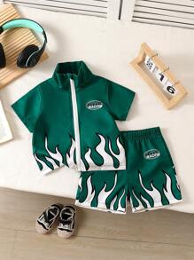 2pcs Baby Boy Summer Casual Flaming Pattern Print Short Sleeve Zip-Up Jacket & Shorts Set, Olive Green, Suitable For Everyday, Outdoor Play, School, Vacation - Elegant Style, Fits For Family Leisure, Sports And Party