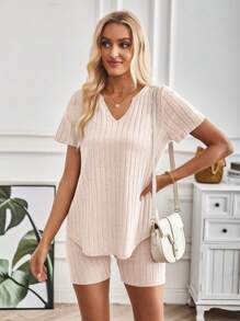 SHEIN LUNE Women's Casual Solid Notch Neck Short Sleeve & Shorts 2 Pieces Set - Apricot - View 3