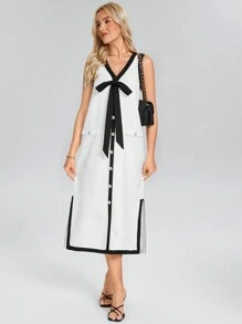 SHEIN LUNE Damen elegantes Farbblock Kleid mit Schlitz am Saum, ärmelos, für Frühling/Sommer