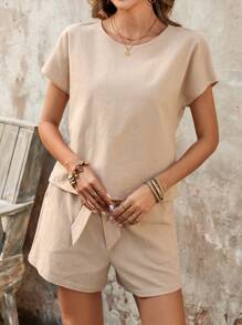 EMERY ROSE 2pcs Women Solid Color Round Neck Short Sleeve Shirt & Shorts Casual Set - Khaki - View 7