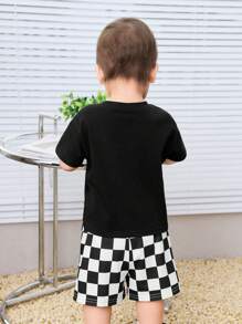 2pcs/Set Baby Boy Casual Urban Chic Black & White Striped Racing Car Pattern Oversized Drop Shoulder Hoodie Tee And Checkerboard Pants Outfit Suitable For Outings, Daily Occasions, Spring/Summer - Black - View 2