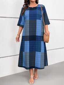 Linhara Váy suông dài vừa phải in họa tiết kẻ caro kỹ thuật số cỡ lớn cho nữ, cổ tròn tay 3/4, thường ngày/nghỉ dưỡng, xuân/hè - Nhiều màu - Xem 3