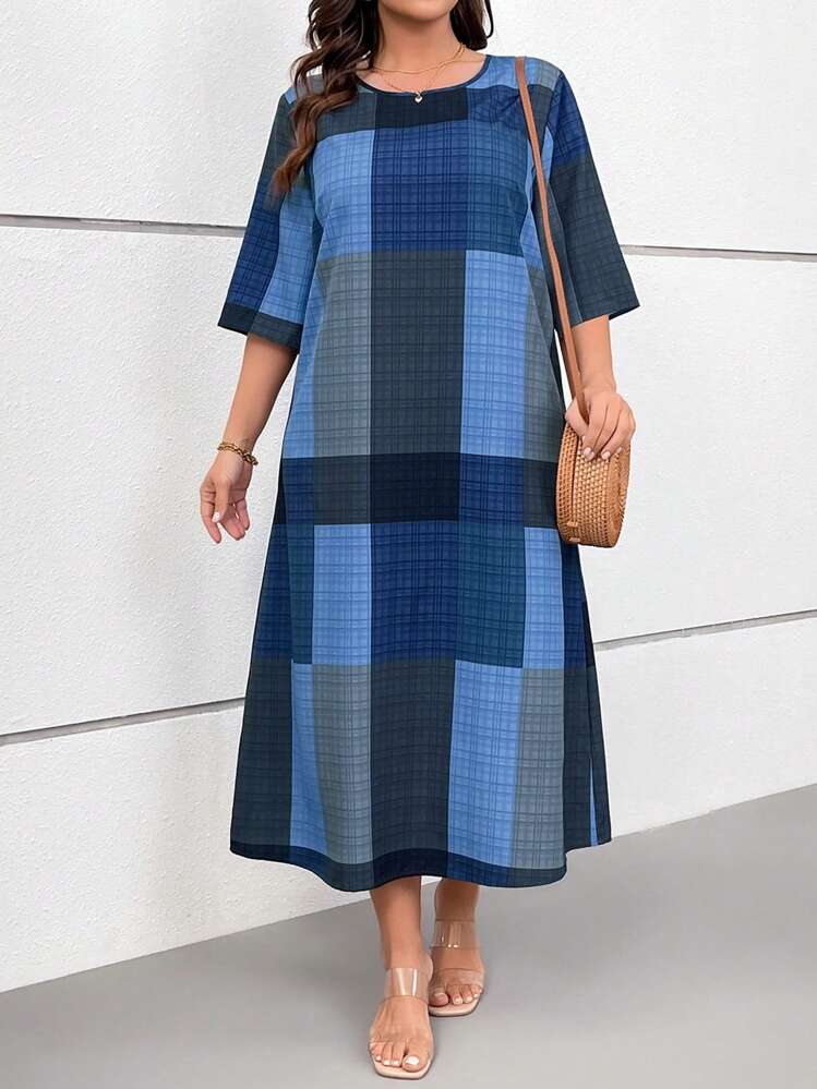 Linhara Plus Size Women Plaid Digital Print Round Neck 3/4 Sleeve Mid-Long Casual/Resort Dress, Spring/Summer - Multicolor - View 3