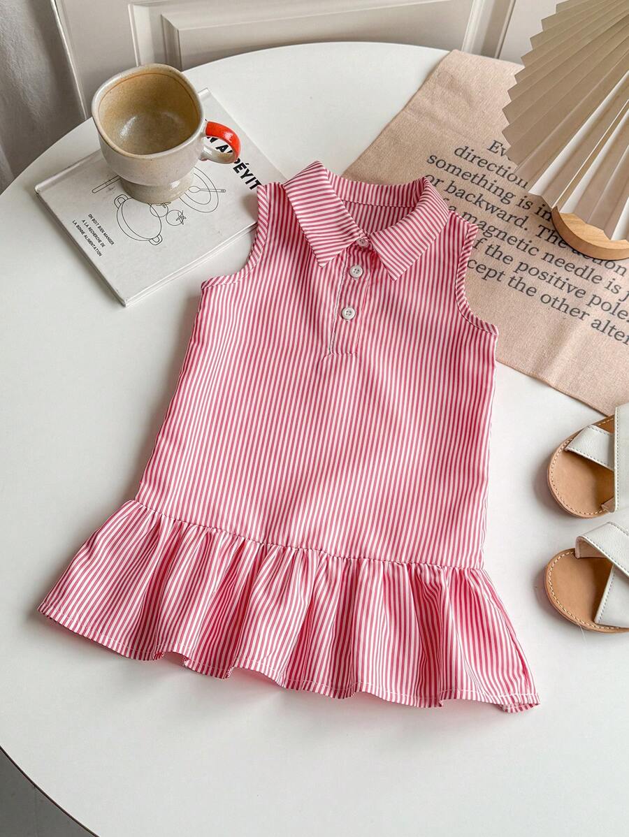 SHEIN 女婴幼儿 0-3 岁红白条纹马球领无袖休闲连衣裙,适合外出 - 紅色 - 查看 1