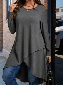 Women's Round Neck Long Sleeve Casual Loose Fit Top, Everyday Wear Fall Cloth For Women - Dark Grey - View 3