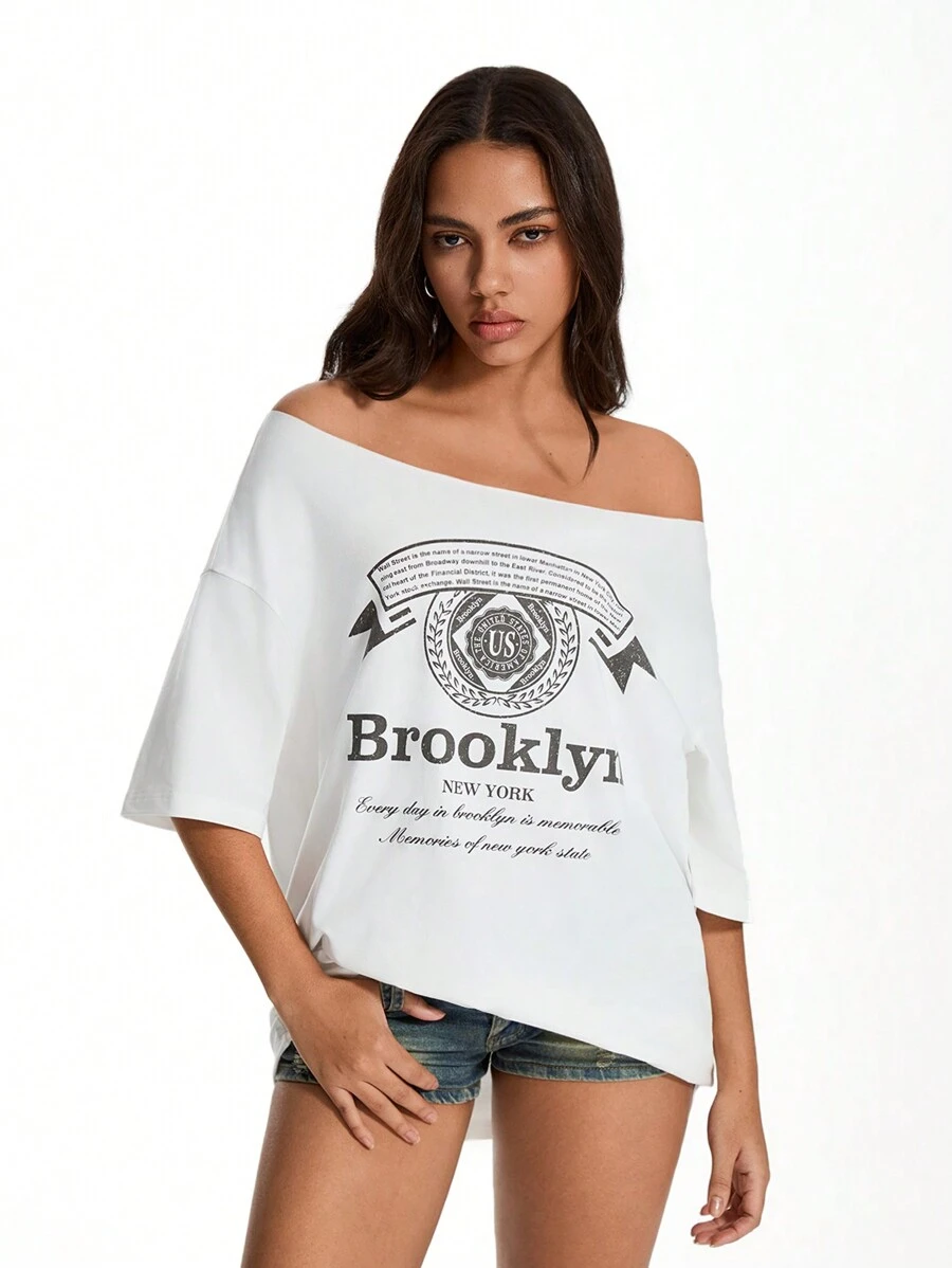 SHEIN Unity Camiseta holgada de cuello redondo con estampado vintage de talla grande - Blanco - Ver 1