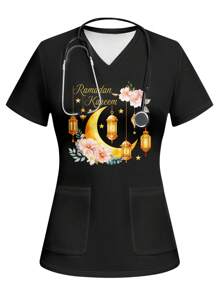 PopScrub Style Star, Moon And Flower Pattern Women's /Nursing Scrub Uniform Top - White - View 1