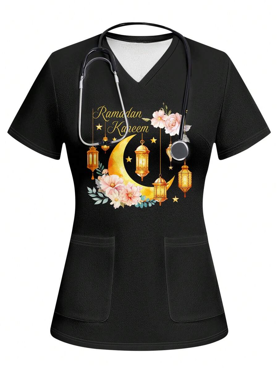 PopScrub Style Star, Moon And Flower Pattern Women's /Nursing Scrub Uniform Top - White - View 1