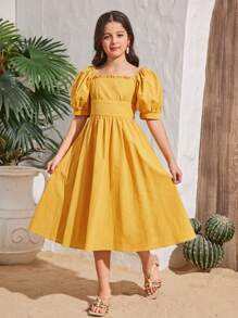 SHEIN Tween Girls' Vacation Casual Solid Color Square Neck Short Sleeve Woven Dress - Yellow - View 3