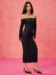 Angels Design 设计师款黑色蕾丝露肩拇指孔中长连衣裙，带立体花朵、节日、音乐会服装、舞会礼服