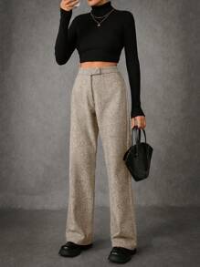 EURMUSE 休闲通勤阔腿高腰直筒裤 - 米色 - 查看 5