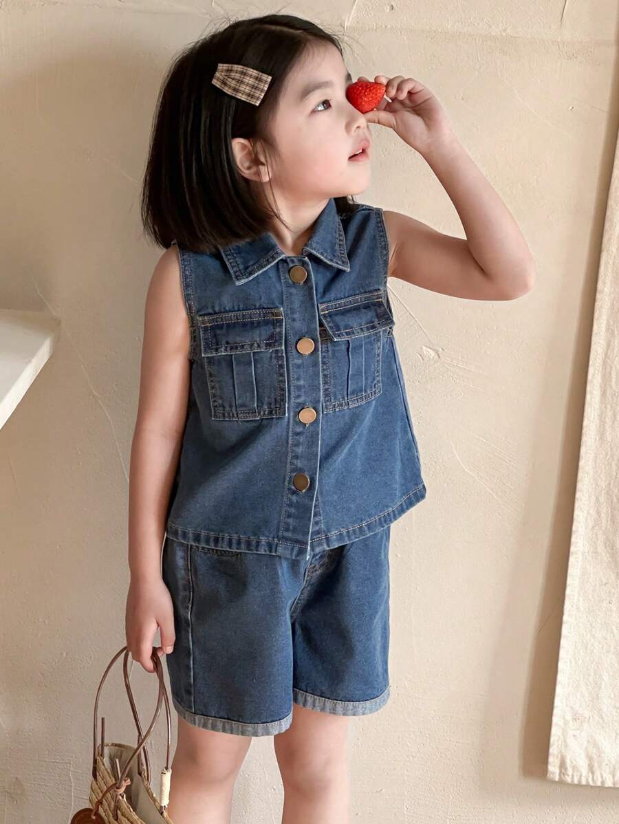 Dazy Kids 小女孩无袖上衣和裤子牛仔套装，女孩夏季服装 - 藍色 - 查看 1