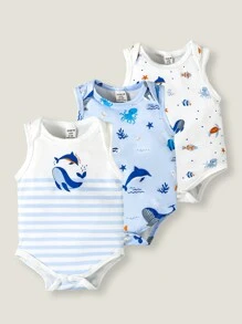 SHEIN Playful Pals 3件套男婴夏季可爱海洋生物印花短袖连体衣