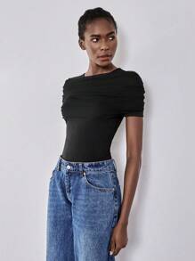 Chiquease Camiseta feminina gola redonda capelete transparente lisonjeira solta manga curta - Preto - Ver 6