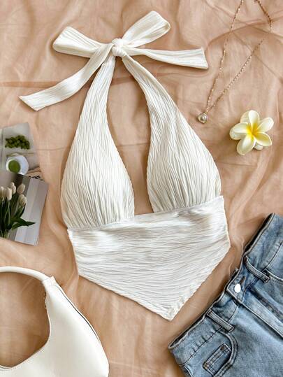 Soleia 纹理三角形下摆贴身挂脖背心，适合女士、度假、音乐节、波西米亚风、节日、约会、夏季上衣