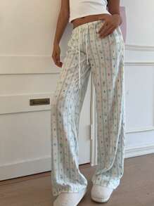 Aloruh 女士条纹卡通印花抽绳腰长裤 - 彩色 - 查看 5