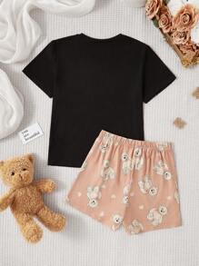 Tween Girls Cute Cartoon Print Pajama Set With Round Neck T-Shirt And Shorts - Black - View 2