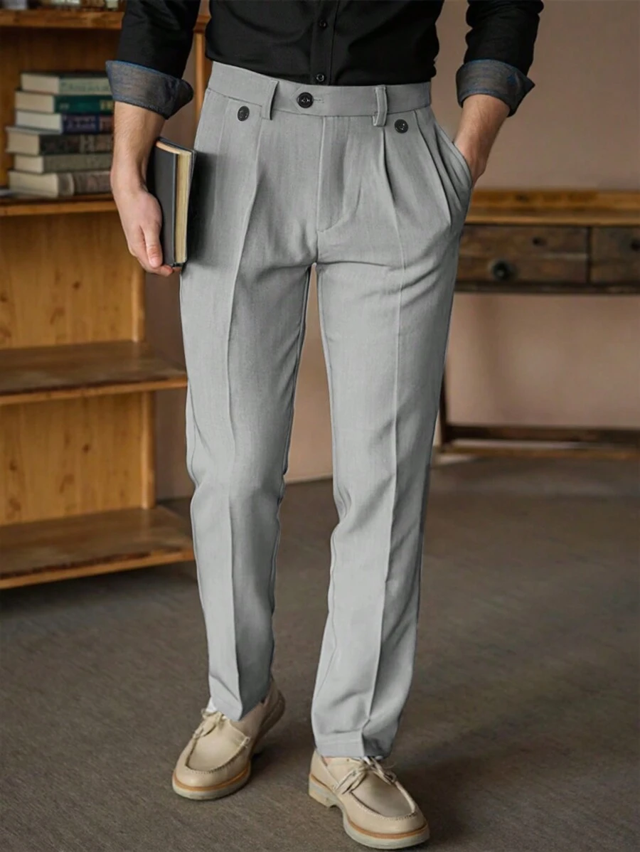 Manfinity Mode 休闲时尚百搭西装裤、设计感十足的商务休闲长裤、男友礼物、西装裤、男士西装裤、男士西装和裤子 - 灰色 - 查看 1