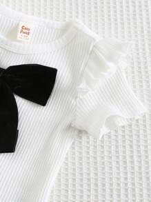 Cozy Pixies 2pcs Baby Girl Black And White Summer Cute Birthday Outfit,Retro Elegant Big Bow Round Neck Cap Sleeve Top And Elastic Waist Decor Shorts Set - Multicolor - View 8