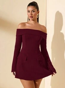 SHEIN BAE 女士秋季露肩长袖装饰鸡尾酒会礼服，适合派对、约会之夜 - 酒紅色 - 查看 5