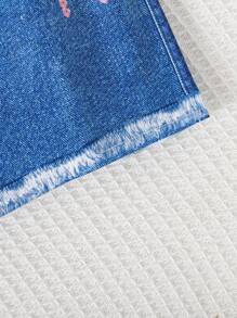 2 件套年轻女孩休闲露肩短袖印花上衣 + 牛仔效果短裤套装，春季服装，春夏