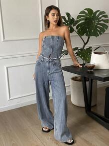 DAZY Conjunto de bralette ajustada y vaqueros de pierna recta estilo vaquero casual desgastado y lavado para mujer - Azul - Ver 5