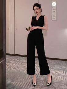 DAZY Bộ jumpsuit nữ màu trơn cổ chữ V không tay có thắt lưng, thích hợp cho dạ hội, công sở. - màu đen - Xem 4