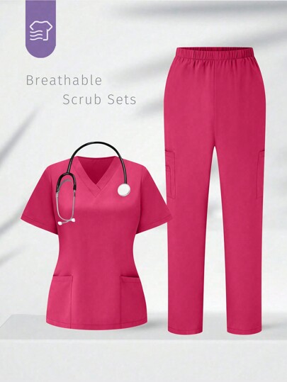 TaskEZ 1Set Solid Color Short Sleeve Pocket Top And Pants Scrub Uniform
