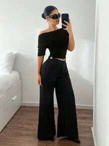 SHEIN ICON Ultra Low Waist Crop Palazzo Striped Pants - Black - View 4