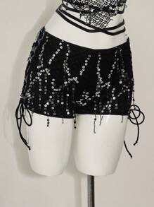 SHEIN ICON Sequin Halter Backless Tie Strap Cami Tank Top And Low Waist Shorts Set - Black - View 7