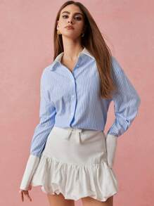 Enchnt Áo cánh dài tay họa tiết sọc xanh trắng thời trang mùa xuân/đông dành cho nữ, mặc hàng ngày, ngọt ngào và thanh lịch cho ngày lễ tình nhân, ngày lễ, buổi tối hẹn hò ngọt ngào và đi làm hàng ngày - Màu xanh lam - Xem 6